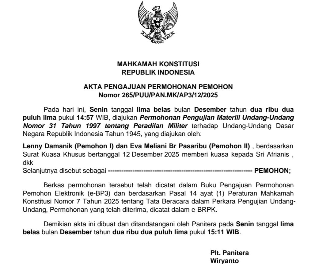 Lenny Damanik dan Eva Meliani Pasaribu Ajukan Permohonan Materiil UU Peradilan Militer ke MK